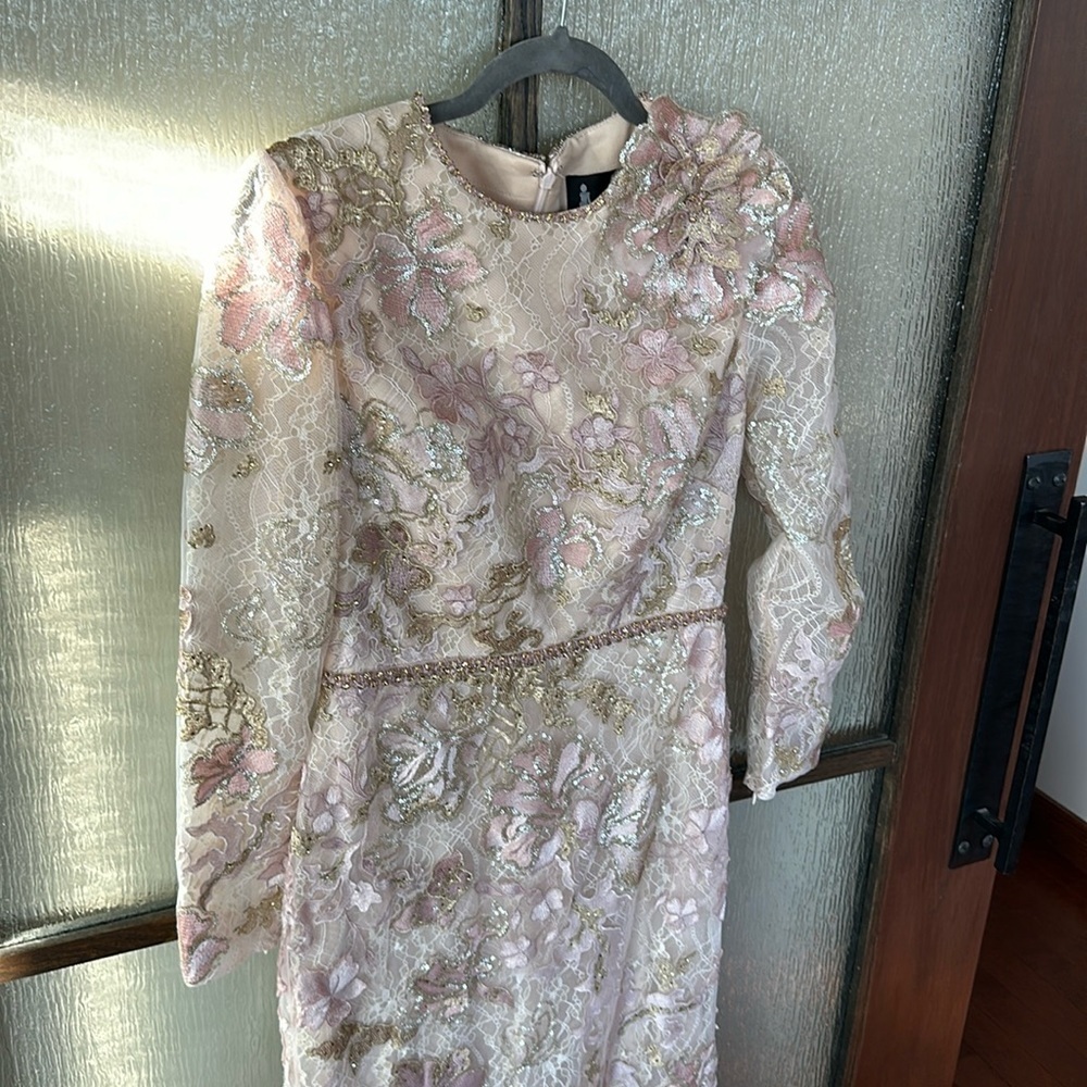 Mac Duggal Lace Embroidered Maxi Gown in Blush and Gold.  Mother of the Bride - Picture 7 of 13